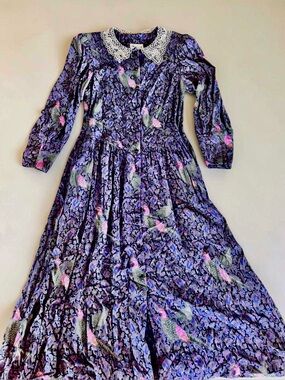 Vintage Bird Print Prairie Dress Lace Collar Cottagecore Size 10